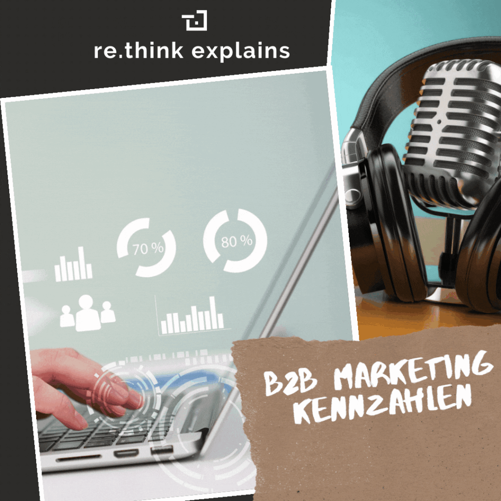 Grafik mit einer Aufschrift 'B2B Marketing Kennzahlen' und einem Laptop und Mikrofon mit Kopfhörern darüber